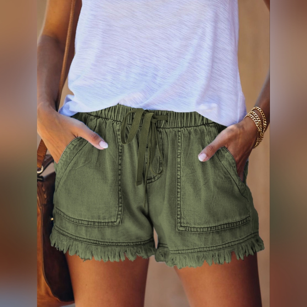 Pocketed Frayed Denim Shorts, Green, M